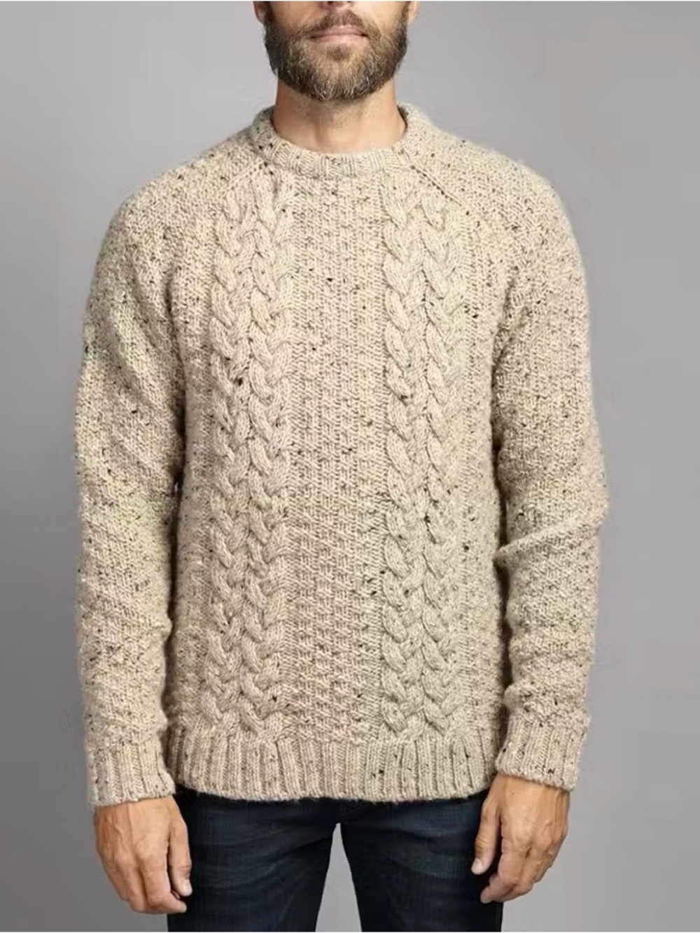 Finisterre Men’s Pure New Wool Cable Knit Oat Beige Fisherman Sweater Medium - Picture 2 of 14